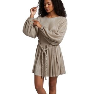 Entro Metallic Pleated Mini Dress Boho Party Luxe Holiday Glam Fits Med/Large
